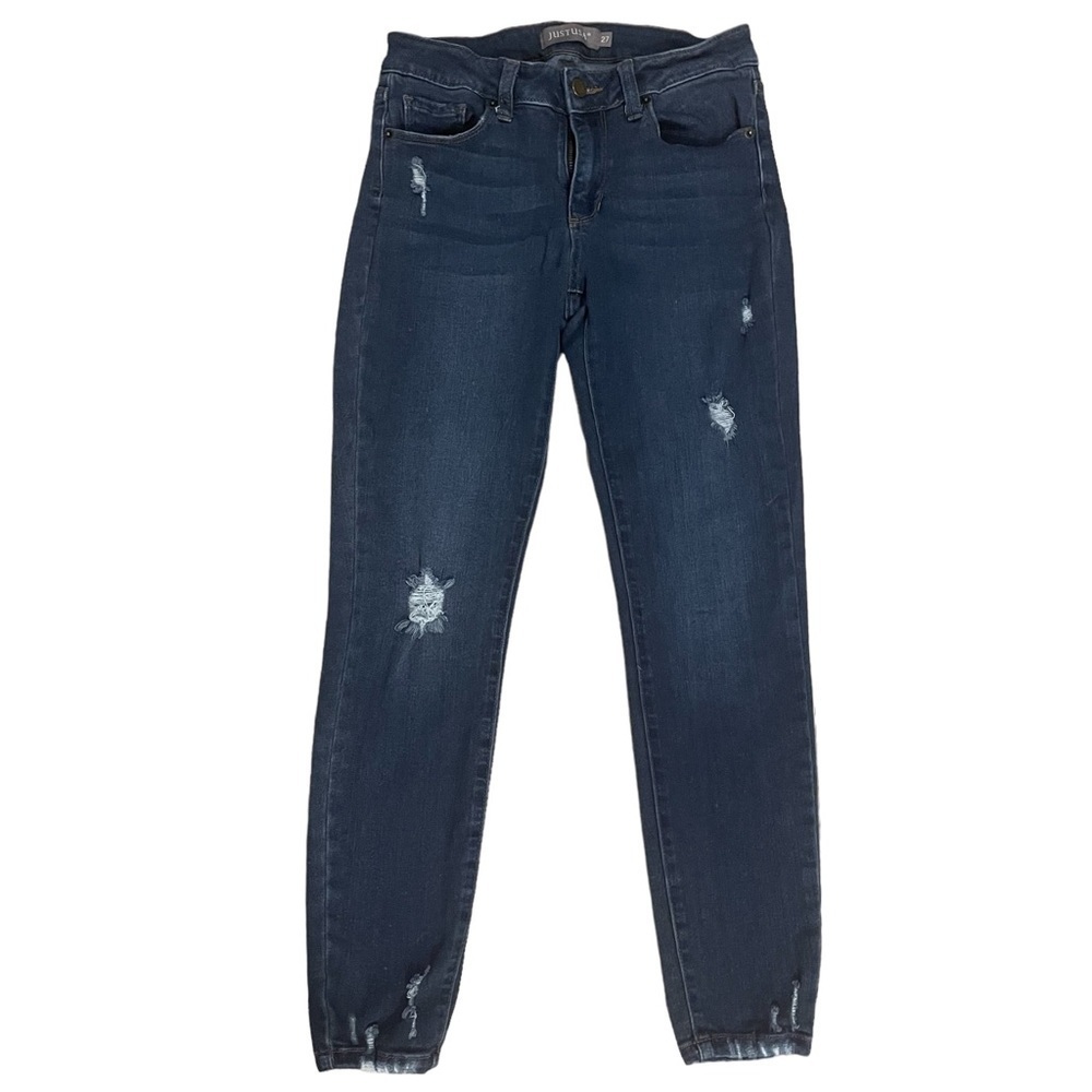 JUST USA Rhea Low Rise Distressed Skinny Jeans Indigo Size 27